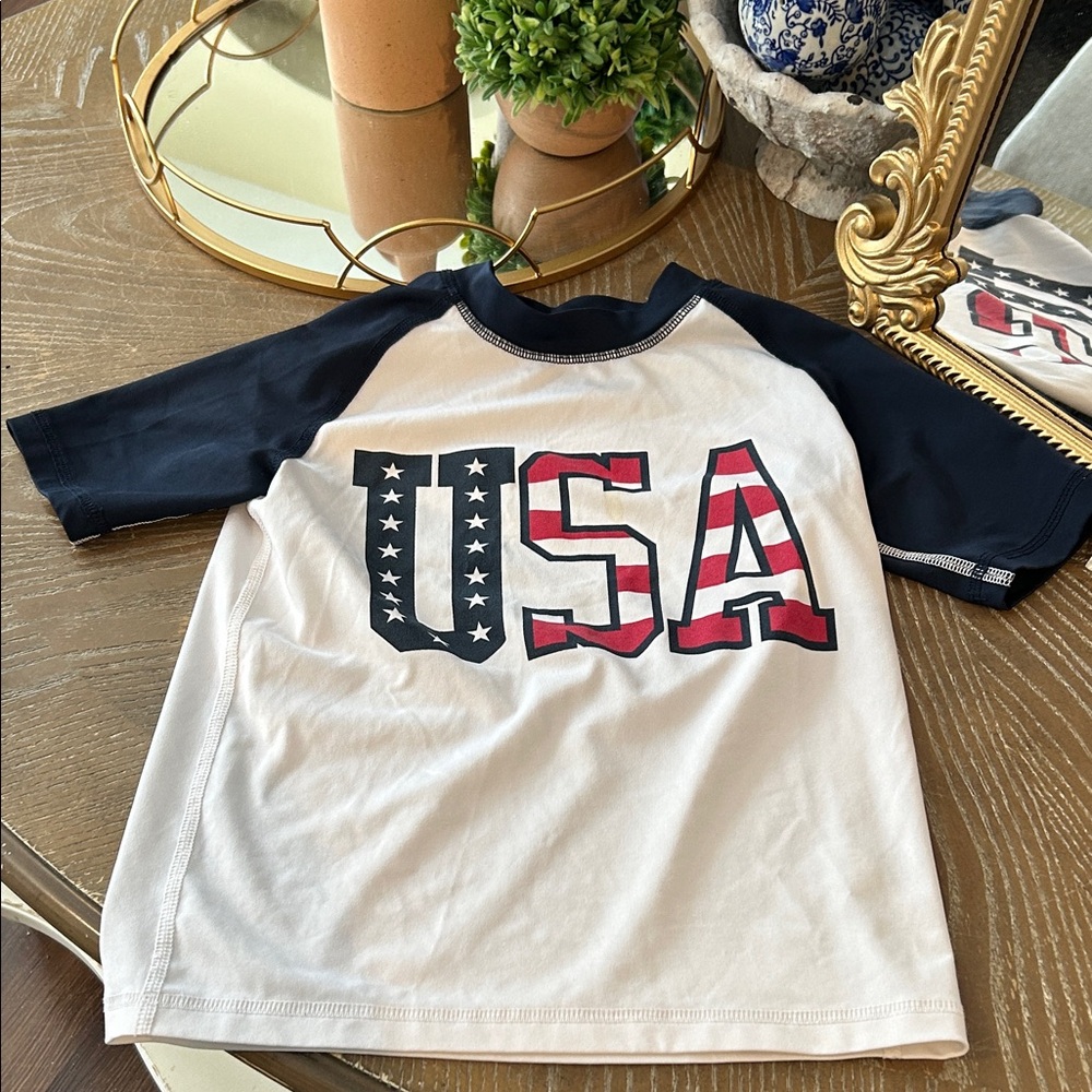 USA Patriotic American Flag Kids Raglan Rash Guard Swim Shirt